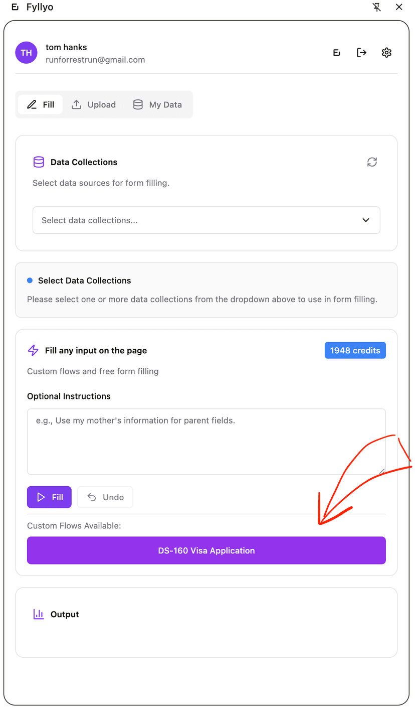 Fyllyo Chrome extension showing custom flow for DS-160 visa application - automated form filling workflow
