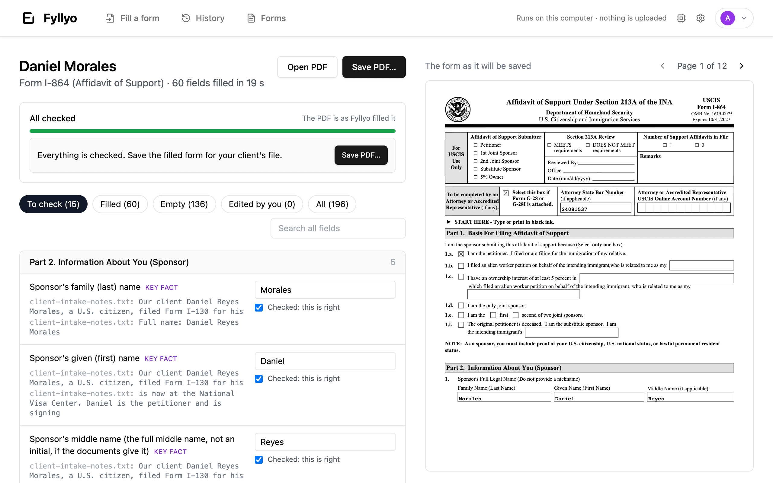 Form I-864 filled for a test client: 60 fields in 19 seconds, each answer shown next to the line of the client's notes it came from.