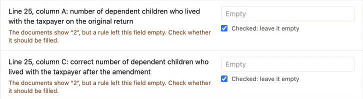 Two dependent-count lines left empty, each with a note that the documents show 2 but a rule left the field empty, and a box to confirm.