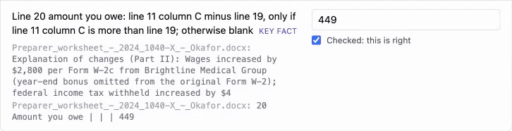 Line 20, amount you owe: 449, with the preparer's worksheet lines explaining the W-2c wage increase and the amount owed.