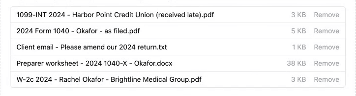 Five files added for the Okafors: a late 1099-INT, the 2024 Form 1040 as filed, the client's email, the preparer's worksheet and a W-2c.