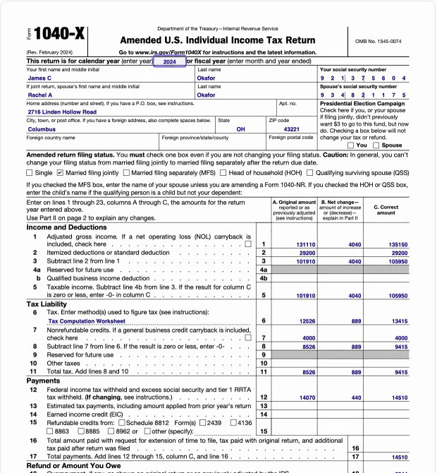 Page 1 of Form 1040-X as Fyllyo filled it from supporting documents: tax year, names, address and filing status, with original, net change and corrected amounts on each line.