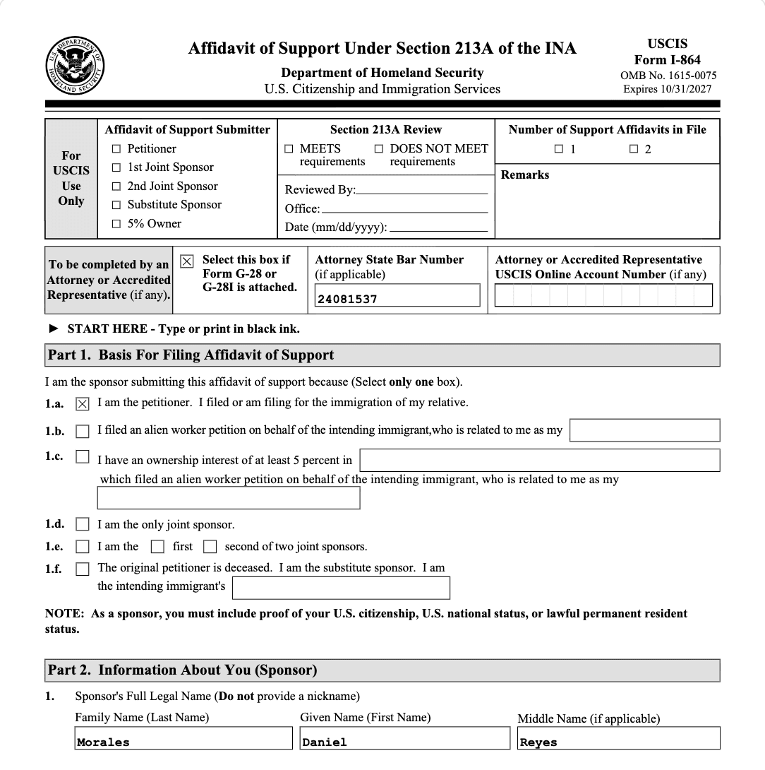 Page 1 of Form I-864 as Fyllyo filled it for a test client: the petitioner box is ticked, the attorney bar number is entered, and the sponsor's name reads Morales, Daniel, Reyes.