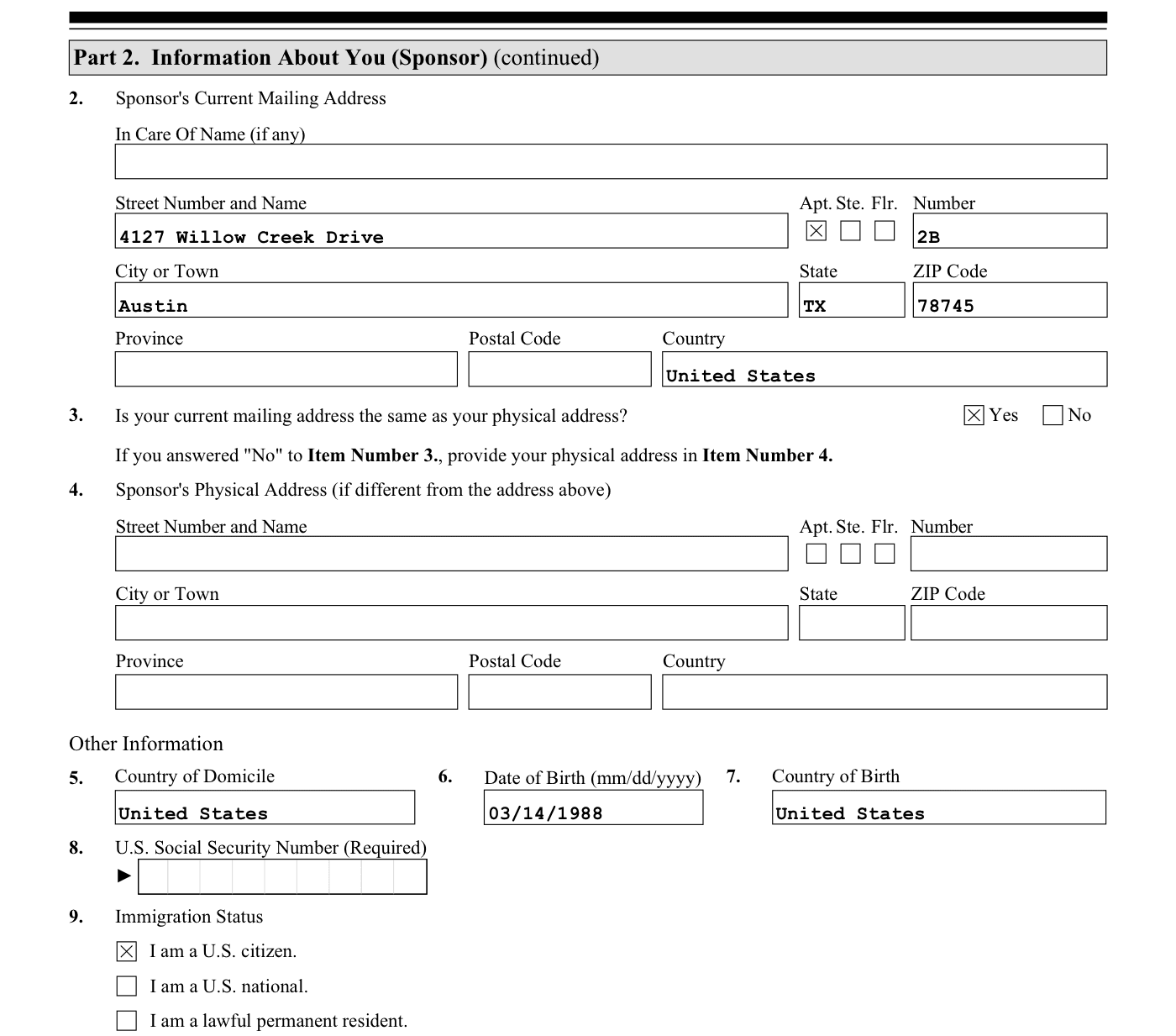 Page 2 of Form I-864 as Fyllyo filled it from supporting documents: mailing address, country of domicile, date of birth, country of birth and U.S. citizen ticked.