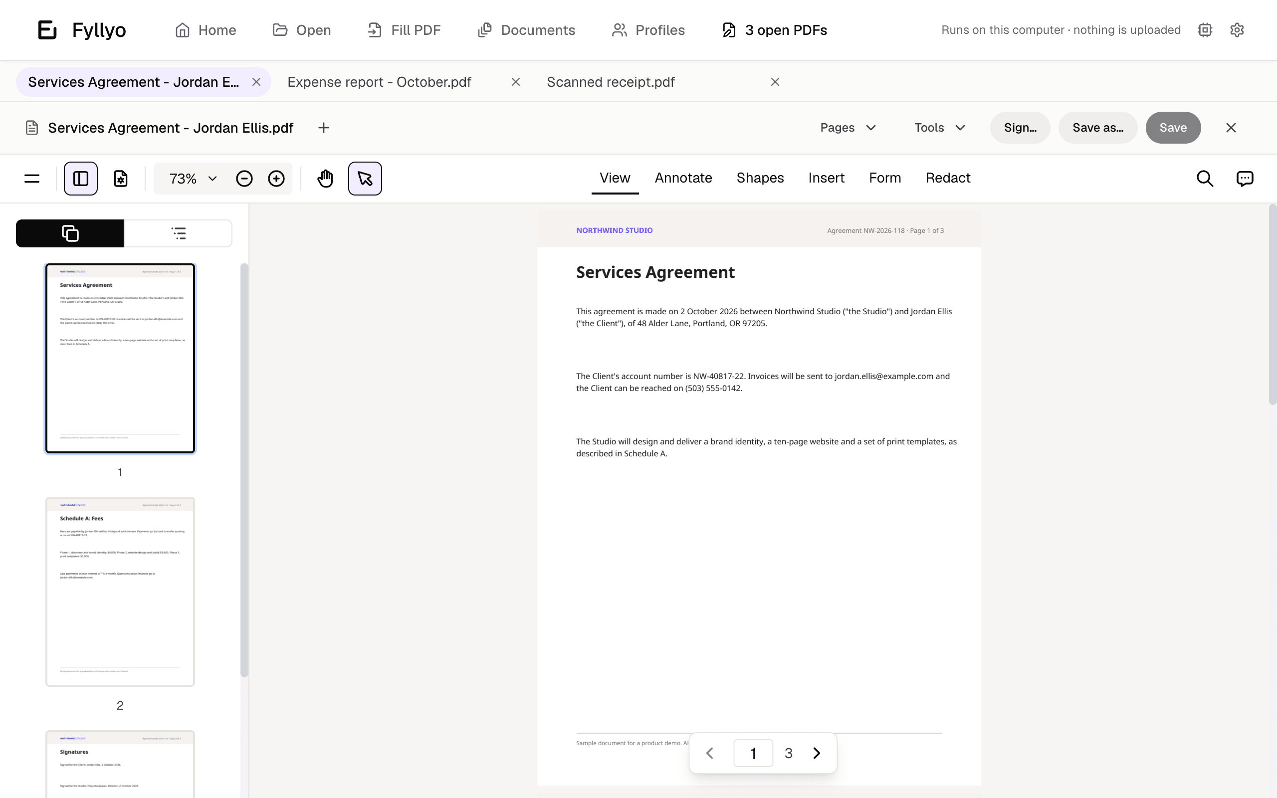 Fyllyo with three PDFs open in tabs, showing a services agreement and its page thumbnails.