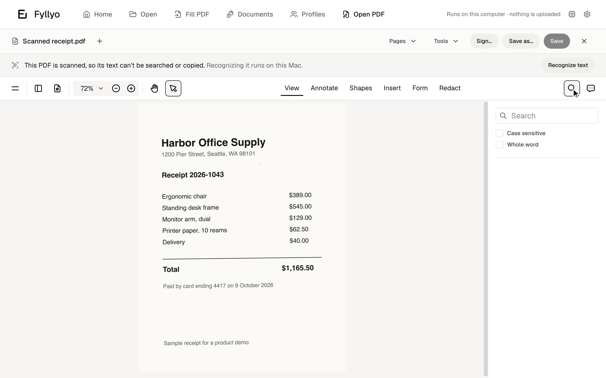 A scanned receipt in Fyllyo after text recognition, with the window saying it runs on this computer and nothing is uploaded.