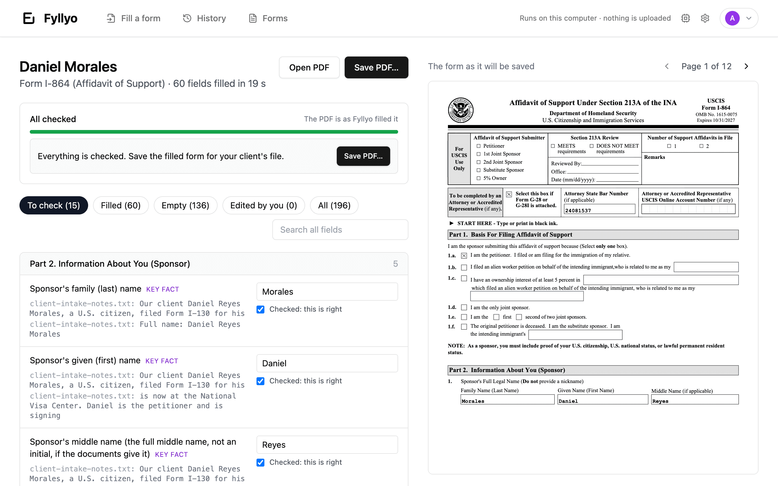 The Fyllyo app after filling Form I-864 for a client: 60 fields filled in 19 seconds, each answer shown with the line from the client's document it came from and a box to confirm it, next to the filled PDF.