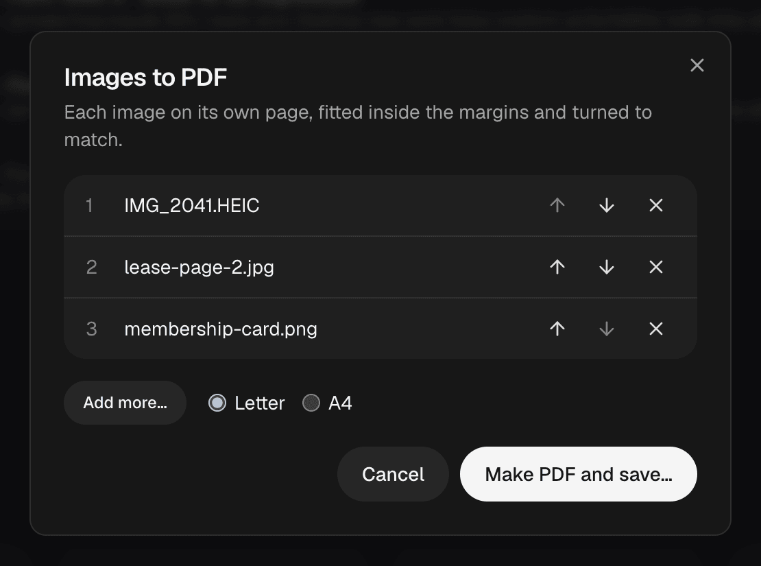 Fyllyo’s Images to PDF window with an iPhone HEIC photo, a JPEG and a PNG in order, Letter selected, and Make PDF and save…