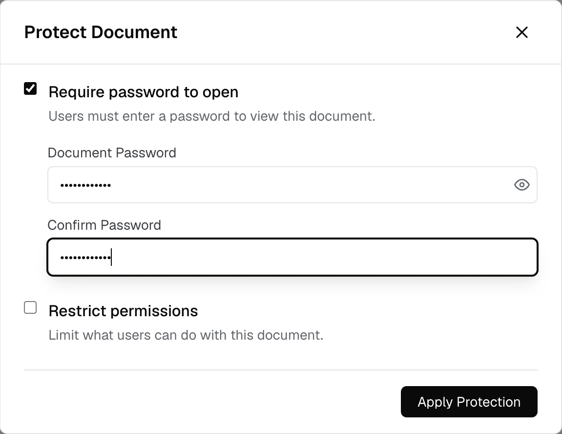 Fyllyo’s Protect Document window with “Require password to open” ticked and the password entered twice.