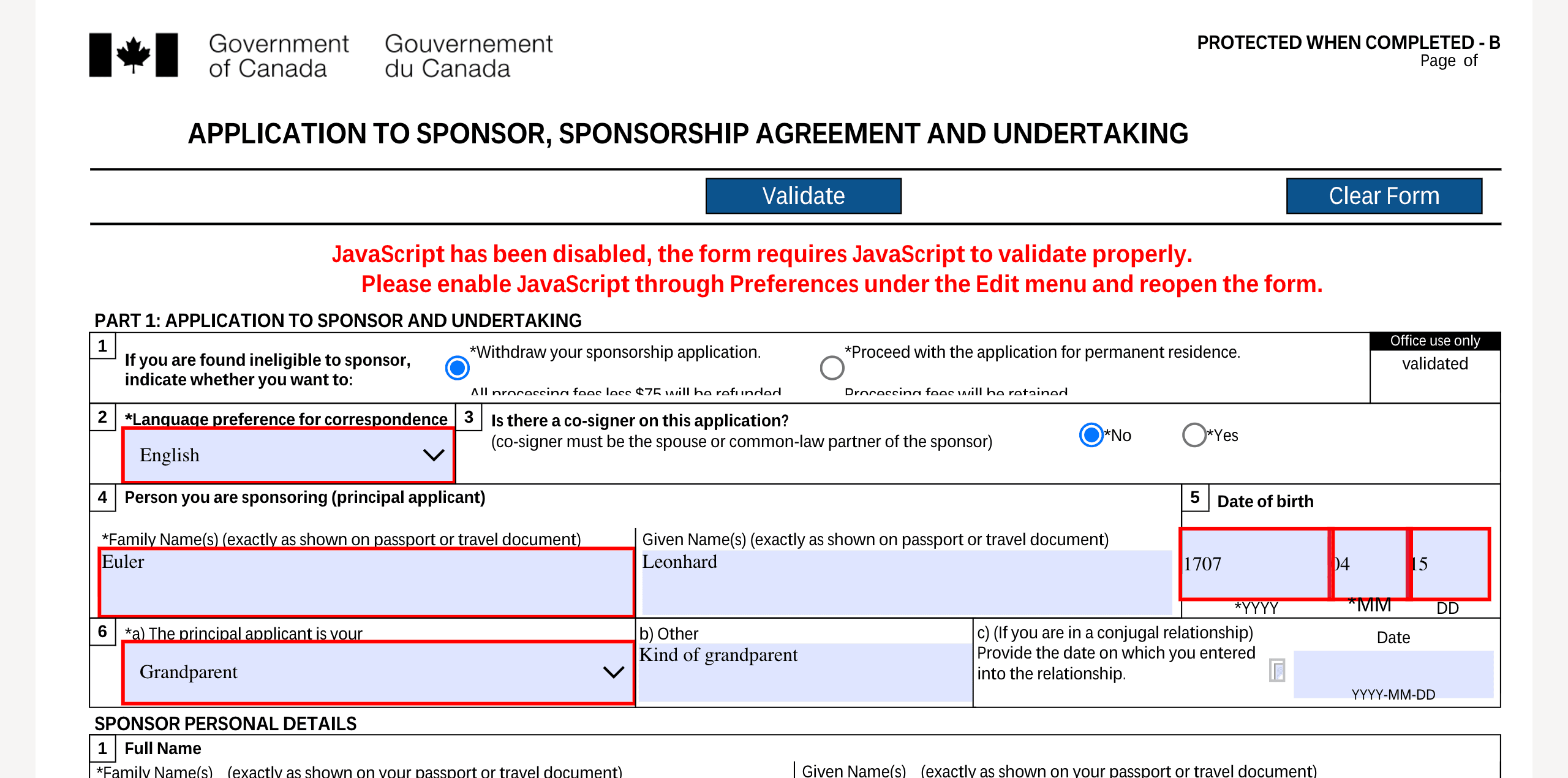 Canada’s IMM 1344 sponsorship form, an XFA form, open in Fyllyo with its fields filled in with sample data.