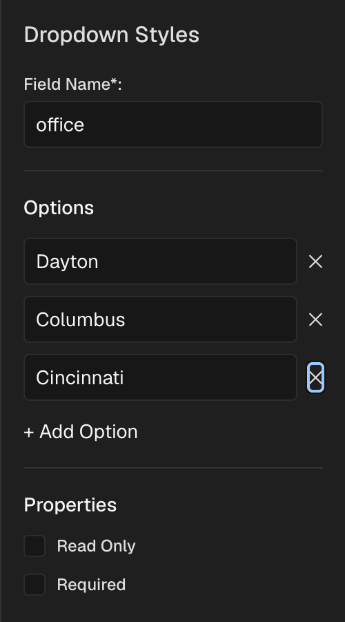The settings for a new dropdown field in Fyllyo: the field name office, the options Dayton, Columbus and Cincinnati, + Add Option, and Read Only and Required checkboxes.