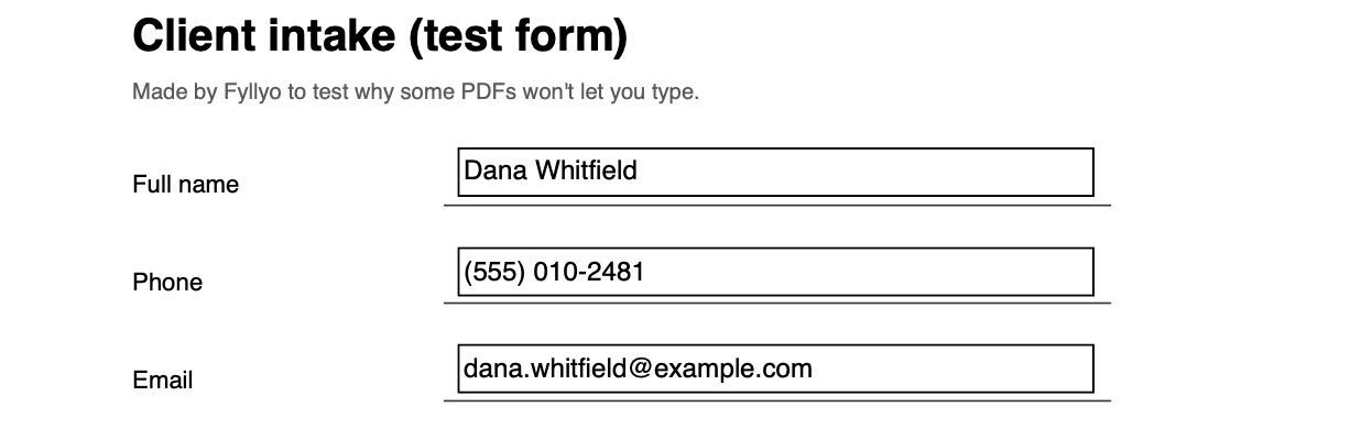 The saved copy rendered by macOS’s own PDF engine: the three new fields show Dana Whitfield, (555) 010-2481 and dana.whitfield@example.com.