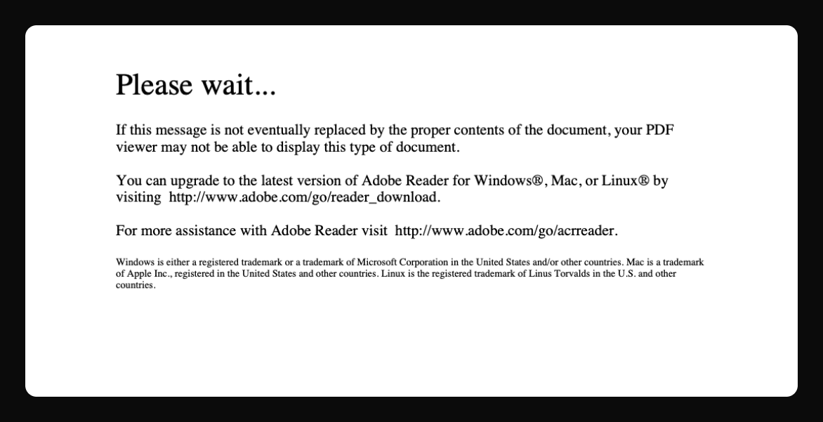 A dynamic XFA government form rendered by macOS’s PDF engine, which is what Preview shows: only the placeholder text “Please wait… If this message is not eventually replaced by the proper contents of the document, your PDF viewer may not be able to display this type of document.”