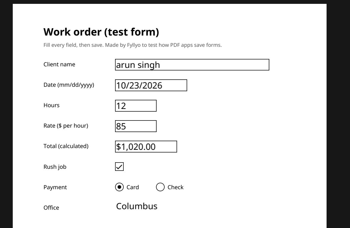 The test form open in Fyllyo on a Mac: client name, date 10/23/2026, hours 12, rate 85, and the Total showing $1,020.00, with Rush job ticked, Card chosen and Columbus picked.
