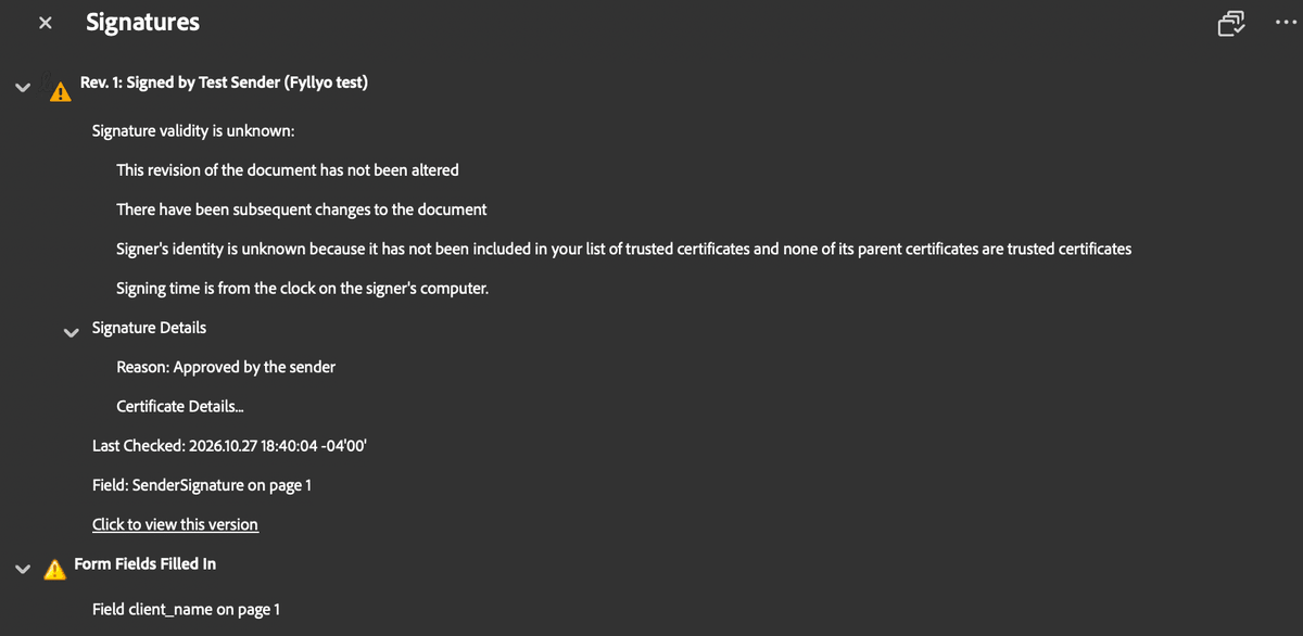 Adobe Acrobat Reader's Signature Panel for the copy filled in Fyllyo: Rev. 1 signed by Test Sender, this revision of the document has not been altered, there have been subsequent changes, and under Form Fields Filled In, field client_name on page 1.