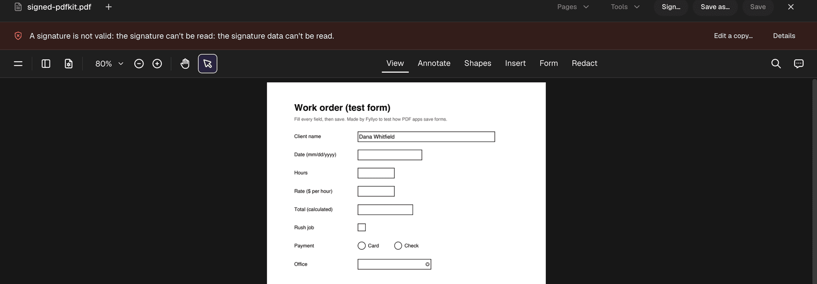 The signed test form after macOS saved it, open in Fyllyo: a red bar says a signature is not valid because the signature data can't be read.