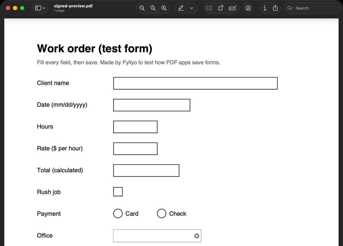 A digitally signed test work order open in Preview on macOS 26.2. Preview shows the form fields ready to type in, and nothing says the PDF is signed.