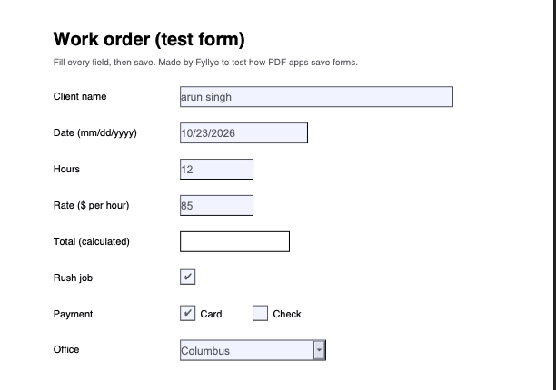 The work order saved in Preview, open in Chrome’s PDF viewer: client name, date, hours 12, rate 85, Rush job ticked, Card chosen and Columbus all show. The Total box is empty.