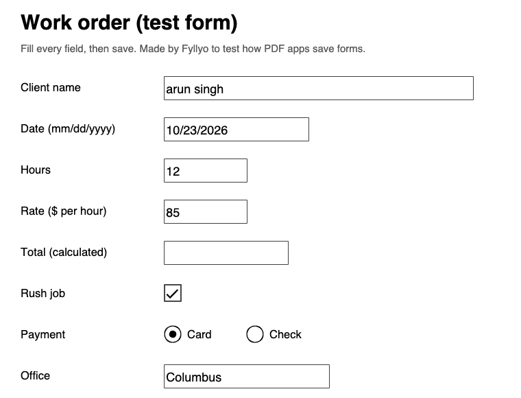 The same Preview copy rendered by pdf.js, Firefox’s PDF viewer: the same values show, and the Total box is empty.