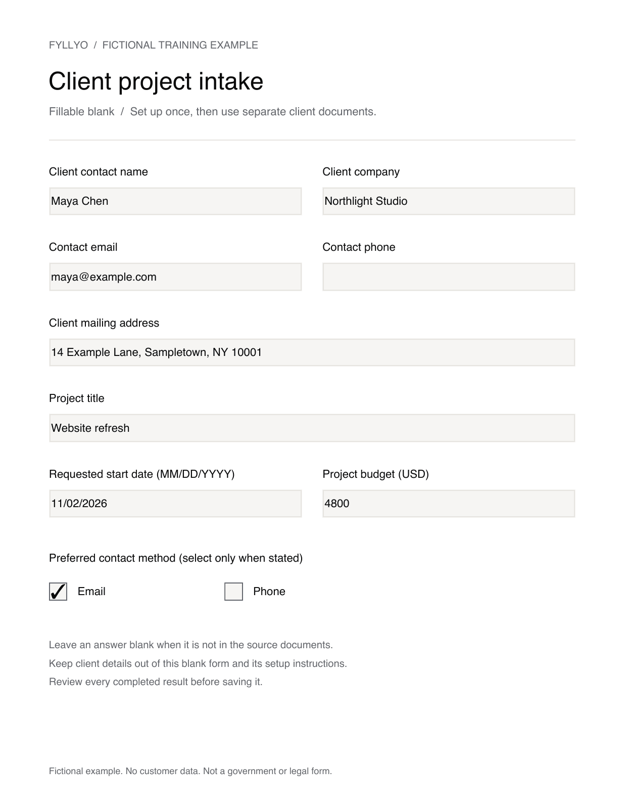 Actual saved client A intake: Maya Chen, Northlight Studio, Website refresh, November 2 start date, budget 4800, Email checked and phone blank.