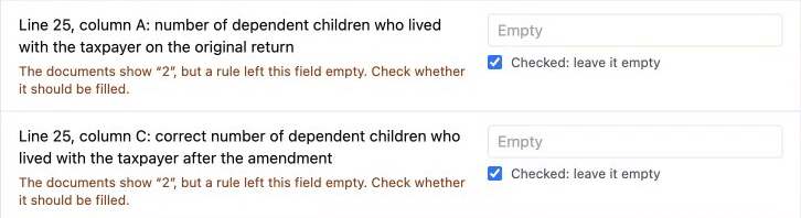 Two dependent-count lines left empty, each with a note that the documents show 2 but a rule left the field empty, and a box to confirm.