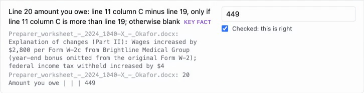 Line 20, amount you owe: 449, with the preparer's worksheet lines explaining the W-2c wage increase and the amount owed.