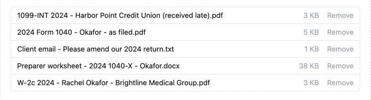 Five files added for the Okafors: a late 1099-INT, the 2024 Form 1040 as filed, the client's email, the preparer's worksheet and a W-2c.