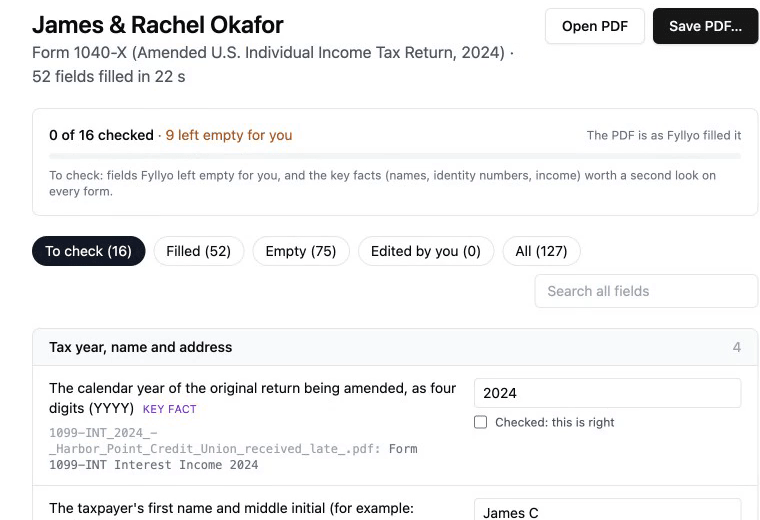 Fyllyo’s 1040-X review screen, with filled answers, source lines and confirmation controls for the fictional Okafor clients.