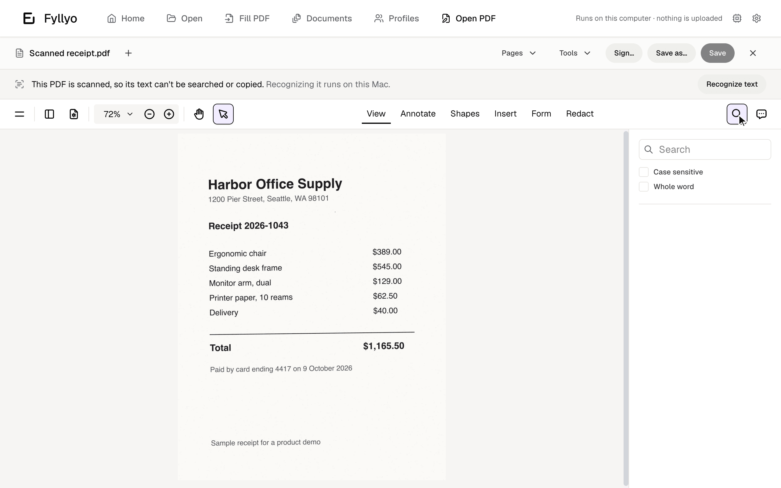 A scanned receipt open in Fyllyo, ready to have its text recognized.