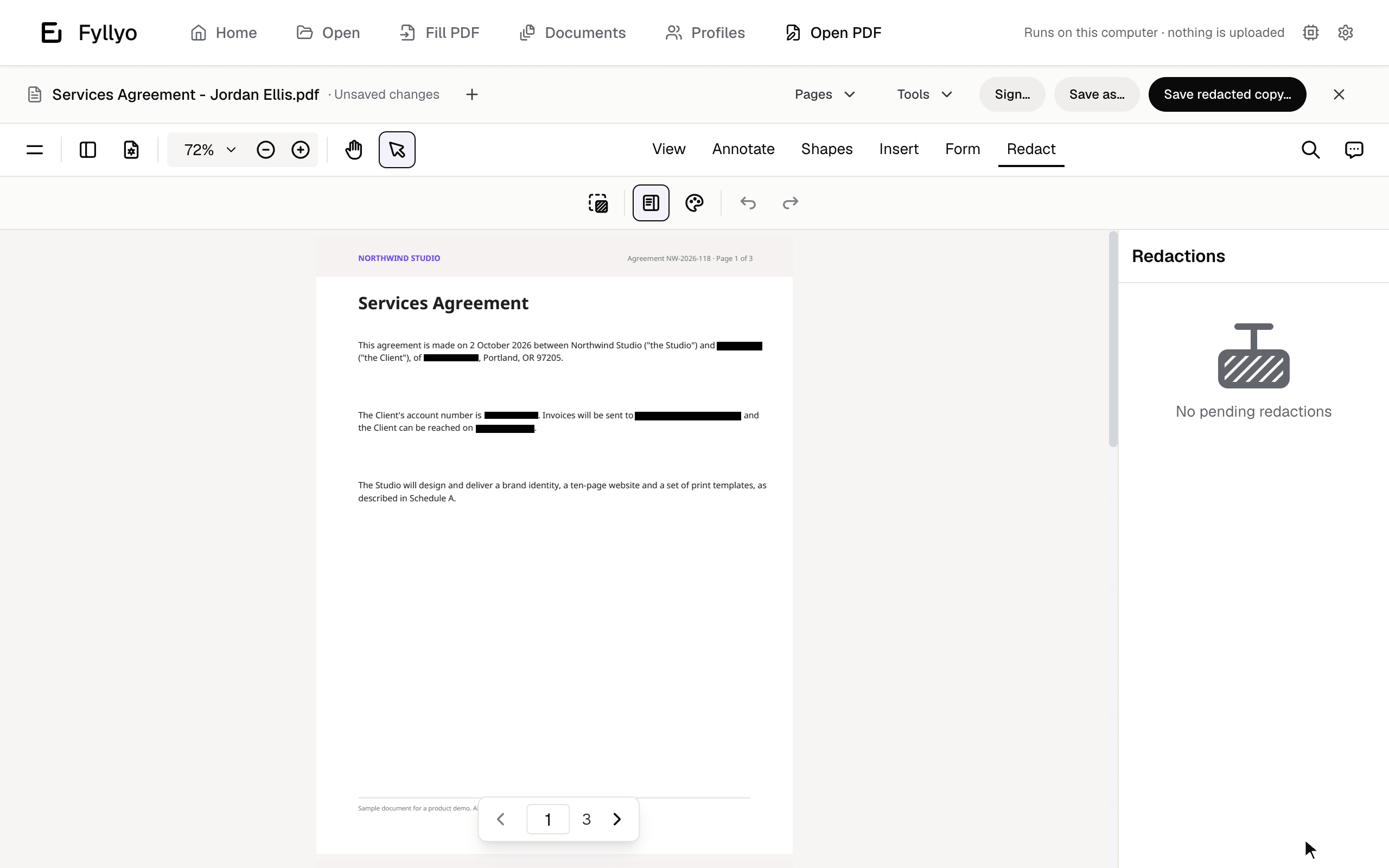 Fyllyo redacting a services agreement: the client's address, account number, email and phone number blacked out on the page, ready to save as a redacted copy.