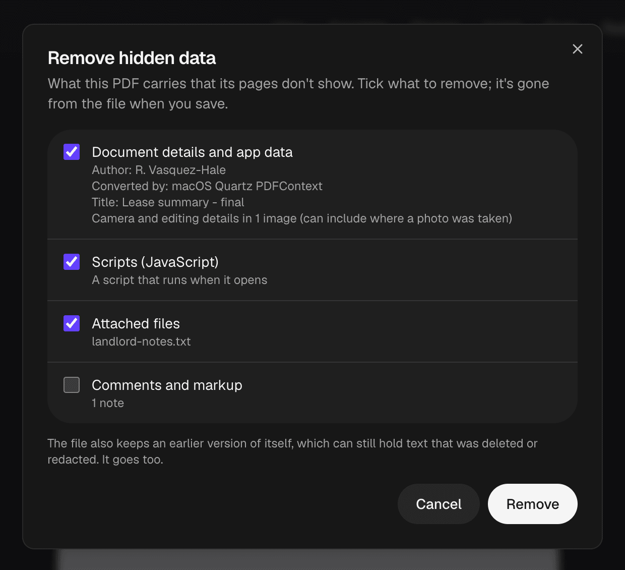 Fyllyo’s Remove hidden data window listing a PDF’s author, app and title, camera details in a photo, a script, an attached file and a note, plus an earlier saved version.