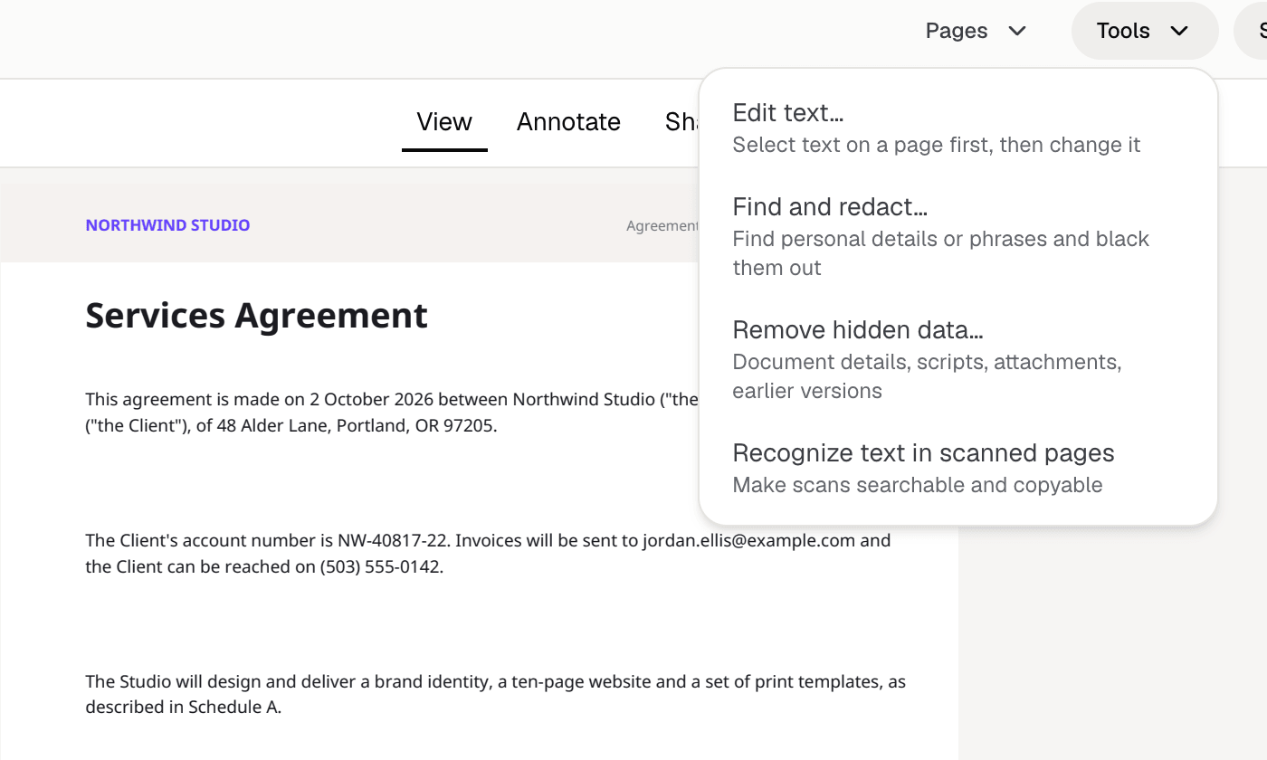 The Tools menu in Fyllyo: Edit text, Find and redact, Remove hidden data, and Recognize text in scanned pages.