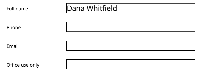 The fillable test form in Fyllyo: Dana Whitfield typed in the Full name field, while the read-only Office use only field stayed empty after we clicked it and typed.