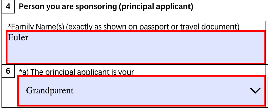 Part of the same IMM 1344 file opened in Fyllyo: the family name and relationship fields of the sponsorship form, filled with test data.