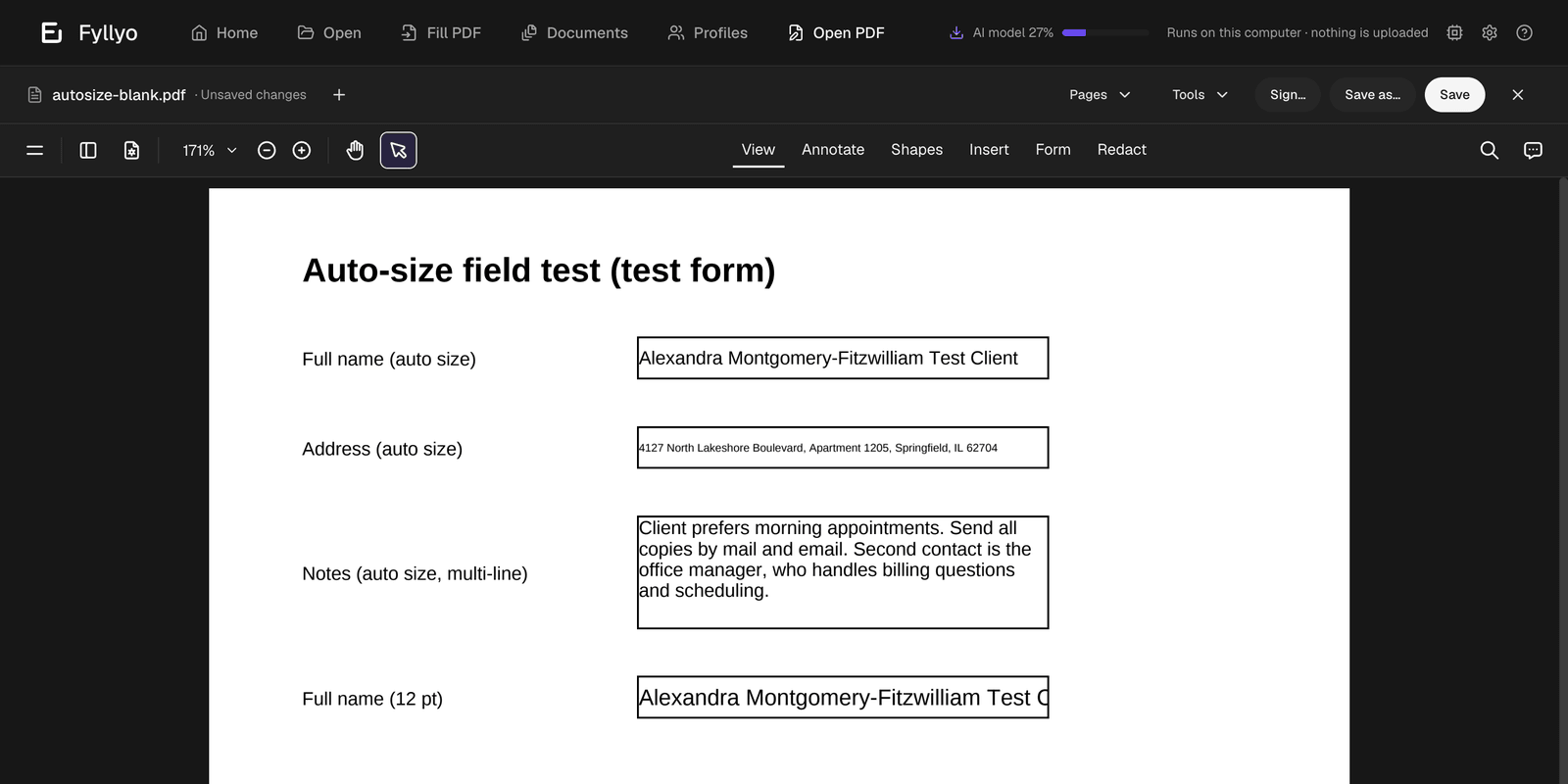 The test form open in Fyllyo on a Mac with the long entries typed in: the full name and the full address in smaller type fit their boxes, all four lines of notes show, and only the fixed 12 pt name box cuts off.