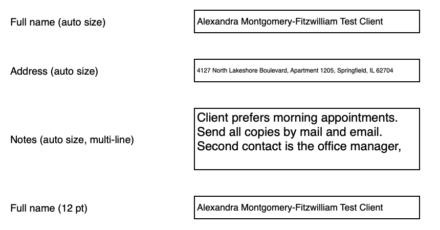 The test form as macOS draws it: the name and address are shrunk to fit, but the notes box shows only three lines and ends at office manager, with the rest of the sentence missing.