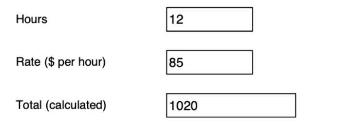 The same rows of the test form saved in Fyllyo: hours 12, rate 85, Total 1020.