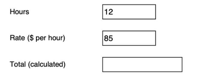 The Hours, Rate and Total rows of the test form saved in Preview: hours 12, rate 85, Total empty.