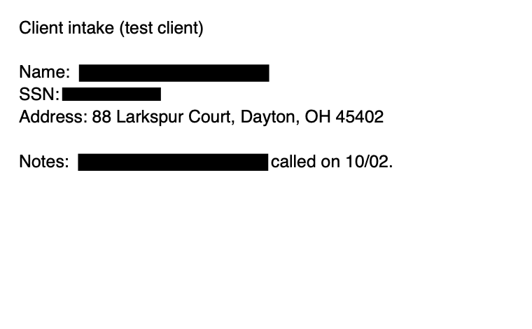The same test PDF redacted in Fyllyo: black boxes over the name and SSN, no form field text and no comment.