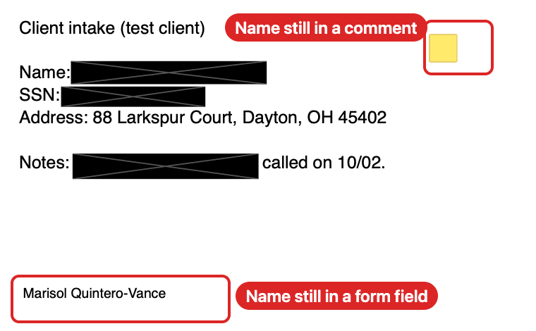 The test PDF redacted in Preview: black boxes over the name and SSN, but the name Marisol Quintero-Vance still shows in a form field at the bottom, and a yellow comment note is still on the page.
