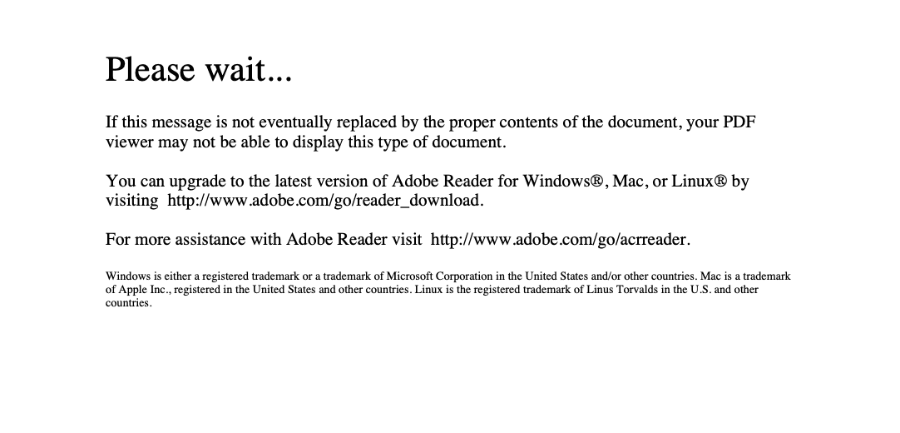 Canada’s IMM 1344 rendered by macOS’s PDF engine, as Preview shows it: only the text “Please wait… If this message is not eventually replaced by the proper contents of the document, your PDF viewer may not be able to display this type of document.”