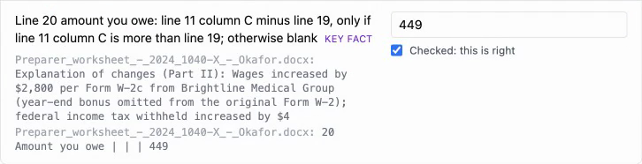 Line 20, amount you owe: 449, with the preparer's worksheet lines explaining the W-2c wage increase and the amount owed.